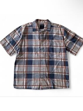 Men's Blue and Rust Plaid Button-Down Linen Blend Shirt